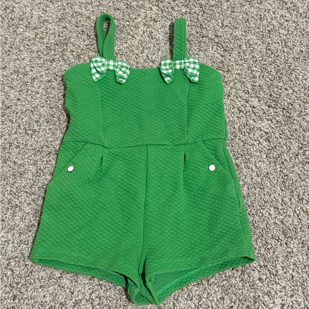 Janie and Jack Green Romper with Checkered Bows 2T
